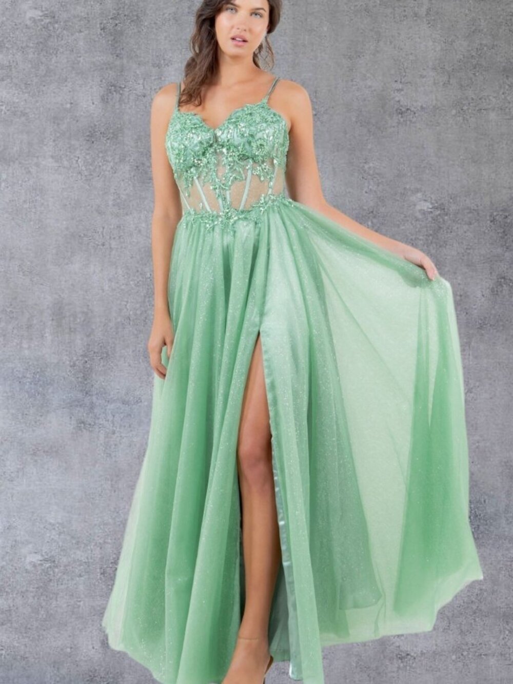 NEW SAGE Lace & Glitter V-Neck Evening Gown Formal Elegant Stunning 8238J